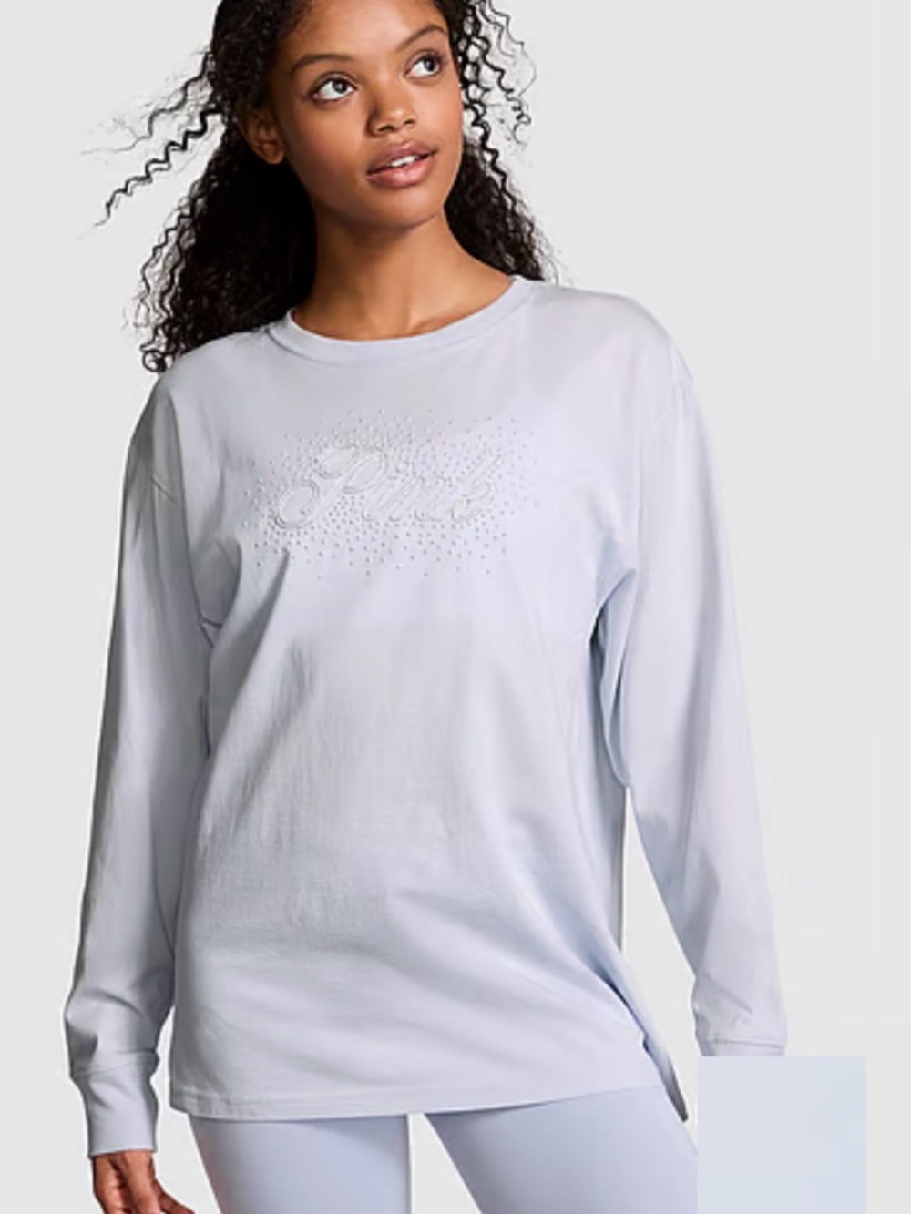 PINK Victoria's Secret Light Blue Long-Sleeve Crewneck Top with Rhinestone Logo